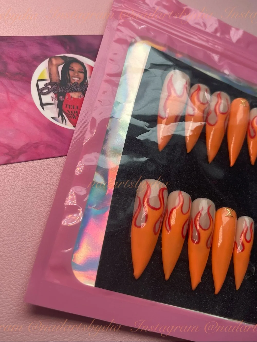 Neon Orange Stiletto Nail Set with Red Flame Art